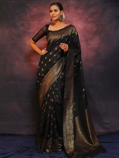 Black Banarasi Pure Soft Semi Silk Saree With Unstiched Attractive Blouse Piece