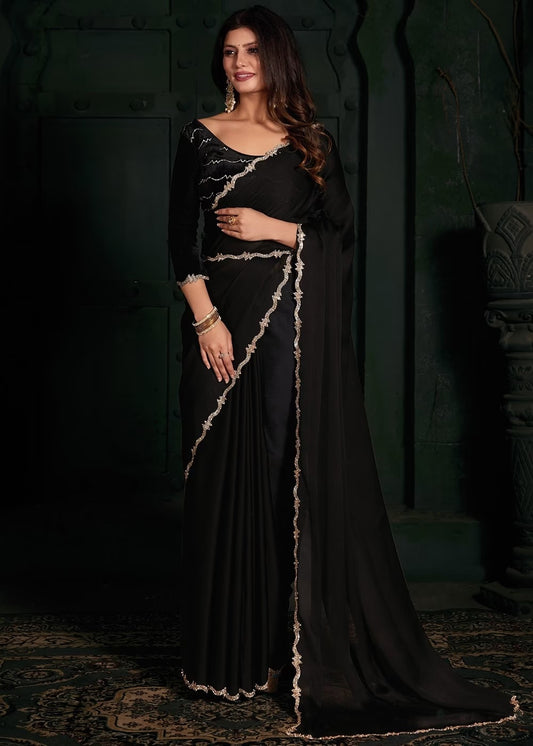 Black Womens Georgette Collection Saree With Blouse Piece