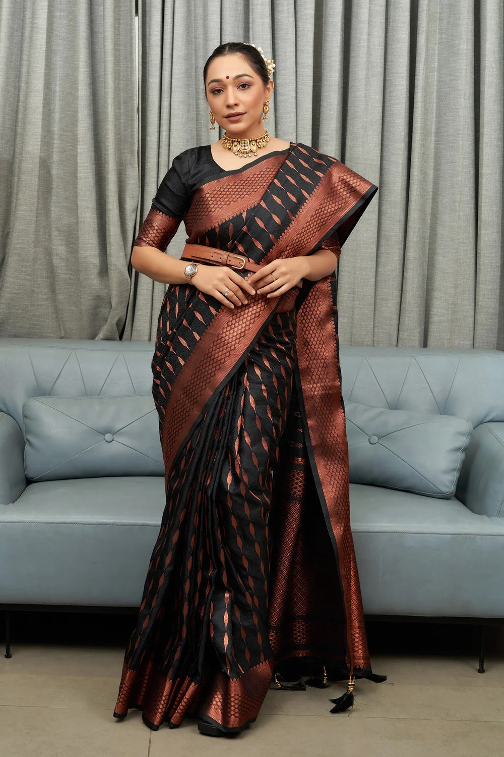 Black Kanjivaram Pure Soft Semi Silk Saree With Unstiched Attractive Blouse Piece