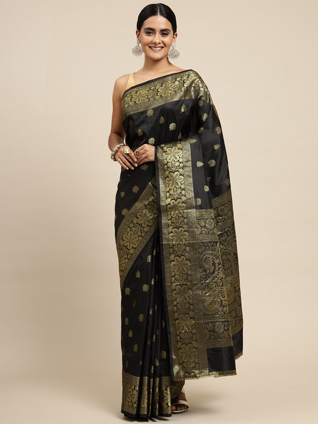 Black Zari Combination Pure Soft Silk Saree Stylish Blouse Piece