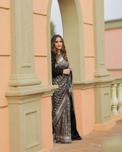 Black Banarasi Pure Soft Semi Silk Saree With Unstiched Attractive Blouse Piece