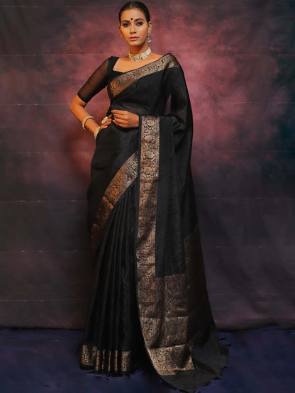 Black Kanjivaram Pure Soft Semi Silk Saree With Unstiched Attractive Blouse Piece