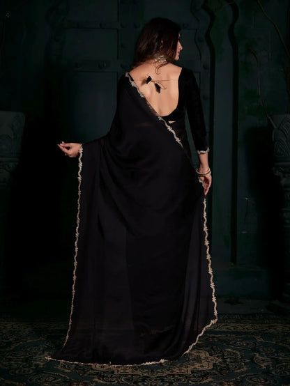 Black Womens Georgette Collection Saree With Blouse Piece