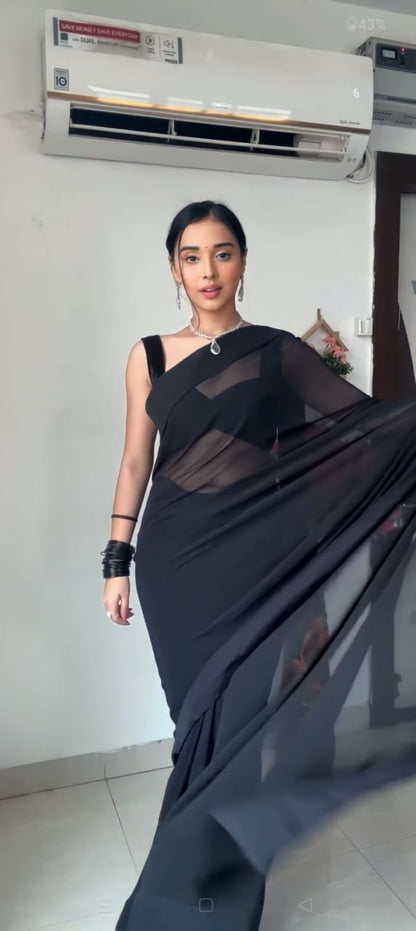 Black Ready to Wear Georgette Saree With Unstitched Blouse Piece