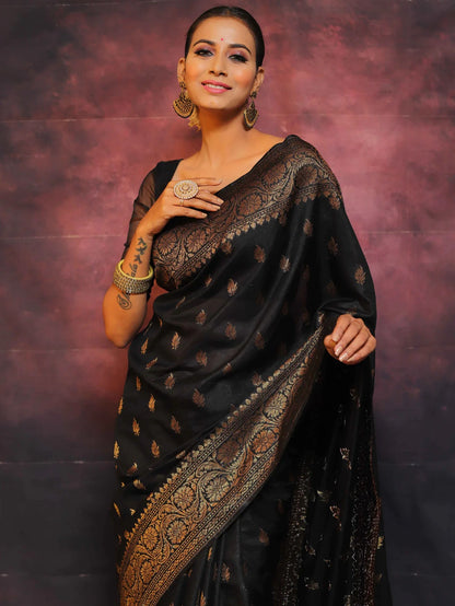 Black Banarasi Pure Soft Semi Silk Saree With Unstiched Attractive Blouse Piece