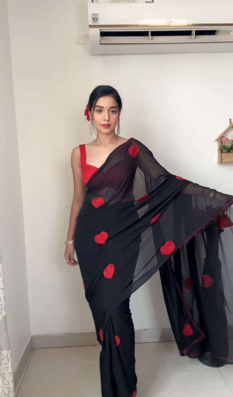 Black Ready to Wear Georgette Saree With Unstitched Blouse Piece