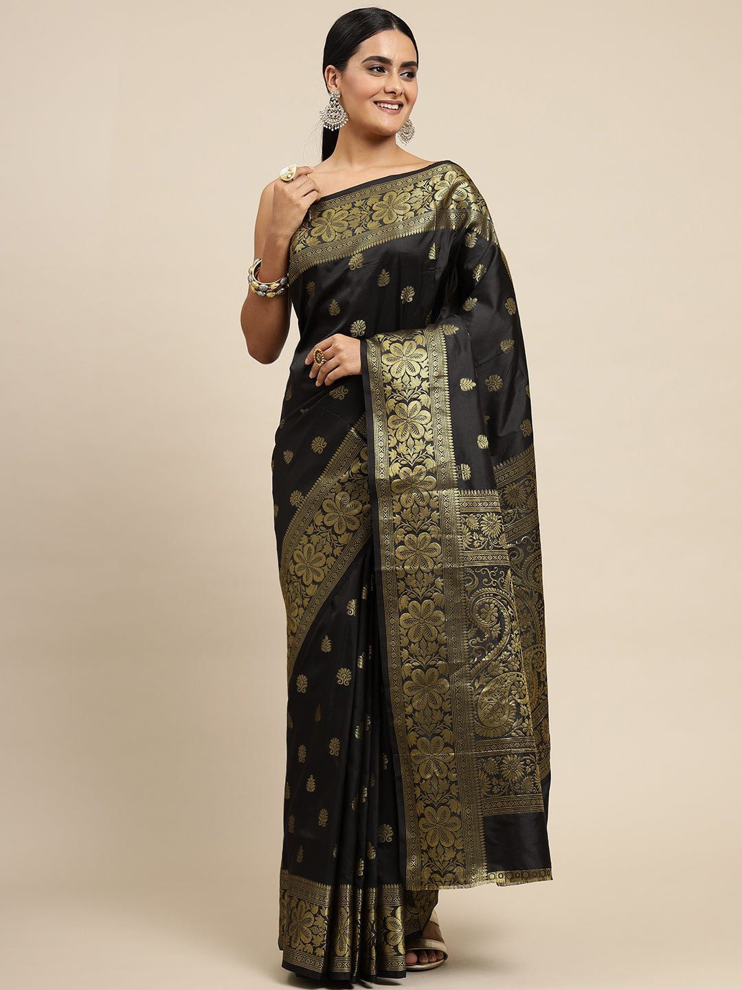 Black Zari Combination Pure Soft Silk Saree Stylish Blouse Piece