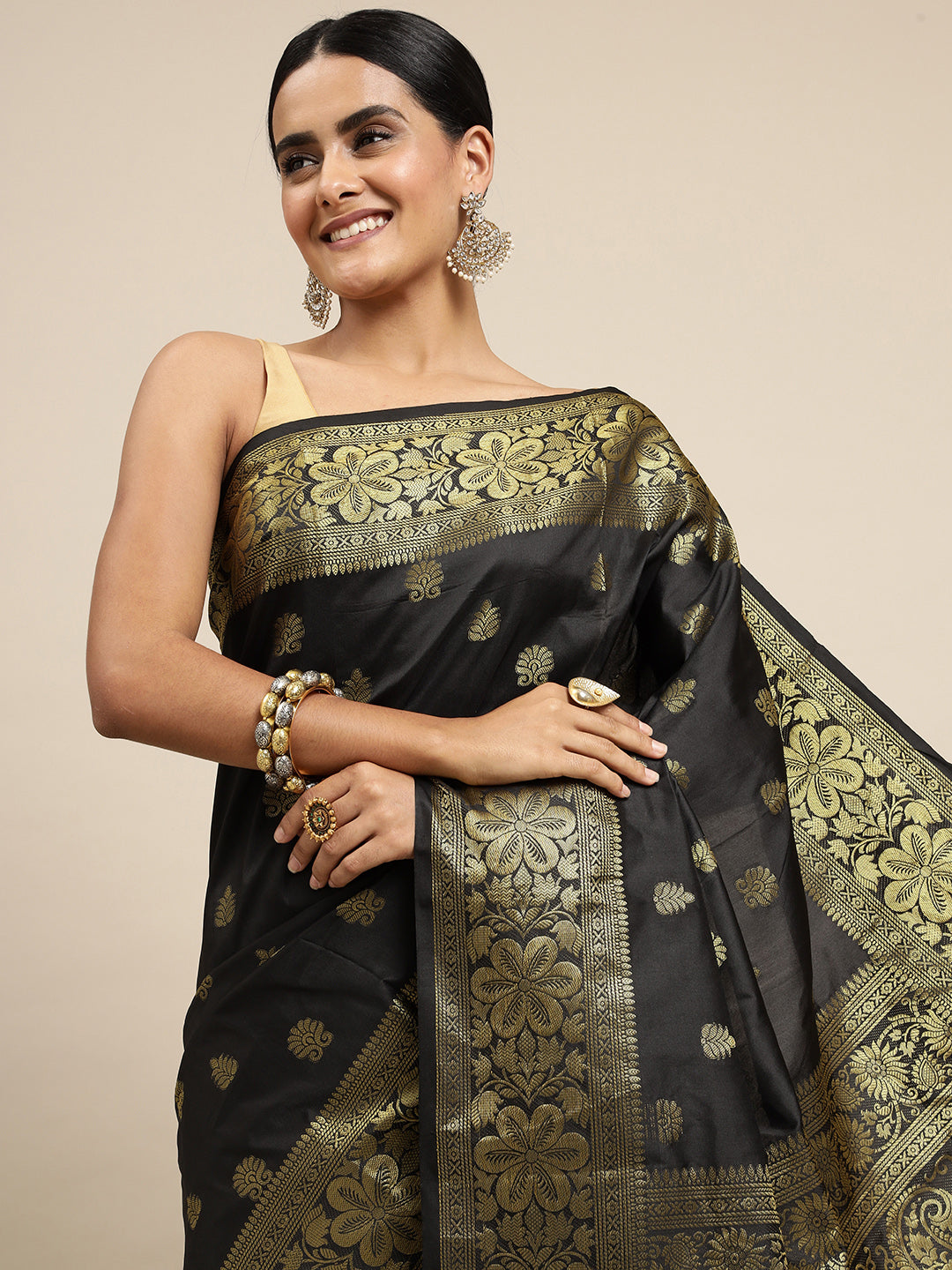 Black Zari Combination Pure Soft Silk Saree Stylish Blouse Piece