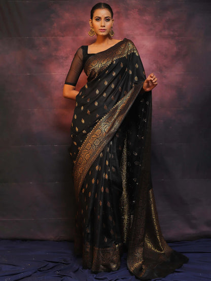 Black Banarasi Pure Soft Semi Silk Saree With Unstiched Attractive Blouse Piece