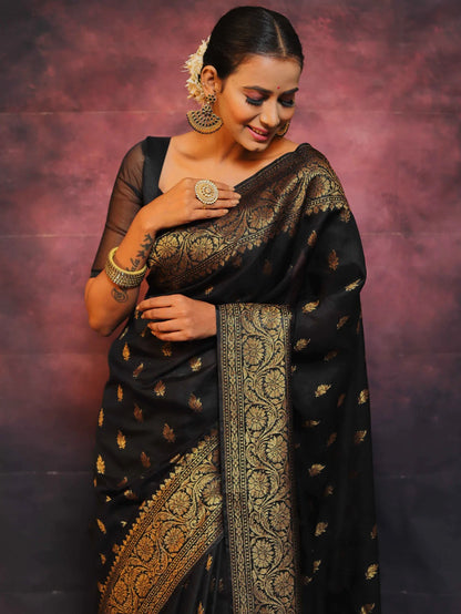 Black Banarasi Pure Soft Semi Silk Saree With Unstiched Attractive Blouse Piece