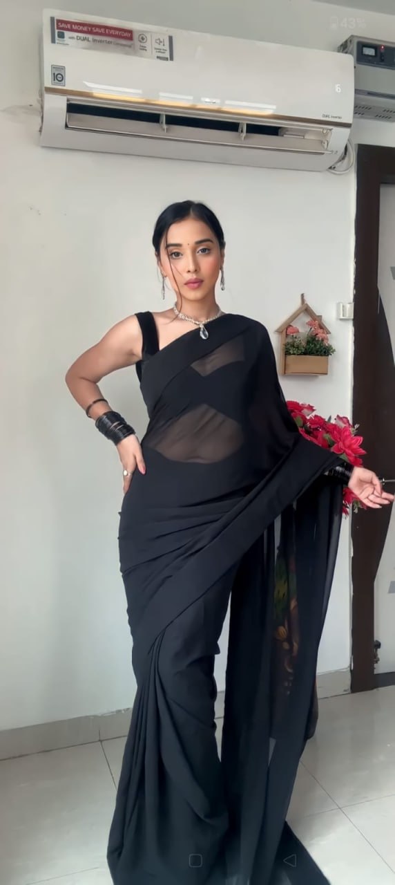 Black Ready to Wear Georgette Saree With Unstitched Blouse Piece