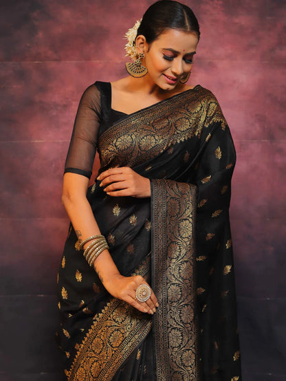 Black Banarasi Pure Soft Semi Silk Saree With Unstiched Attractive Blouse Piece