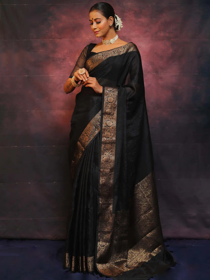 Black Kanjivaram Pure Soft Semi Silk Saree With Unstiched Attractive Blouse Piece