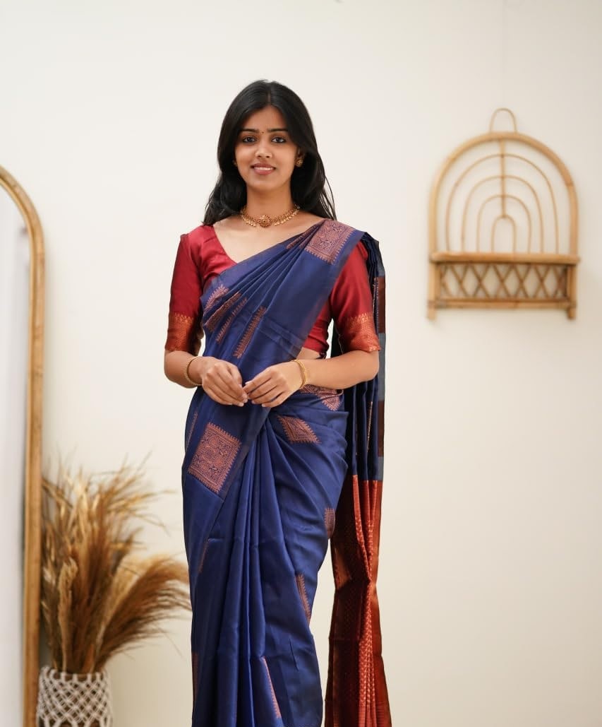 Blue & Red Banarasi Pure Soft Semi Silk Saree With Unstiched Attractive Blouse Piece