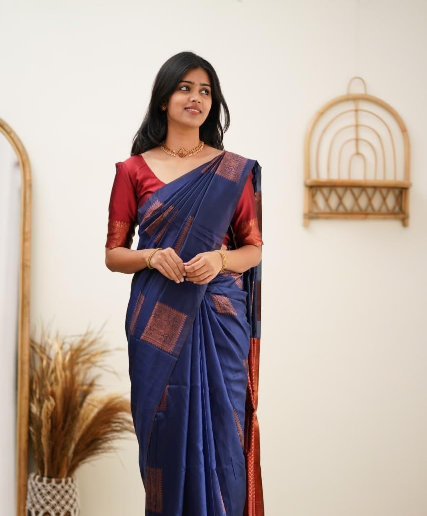 Blue & Red Banarasi Pure Soft Semi Silk Saree With Unstiched Attractive Blouse Piece