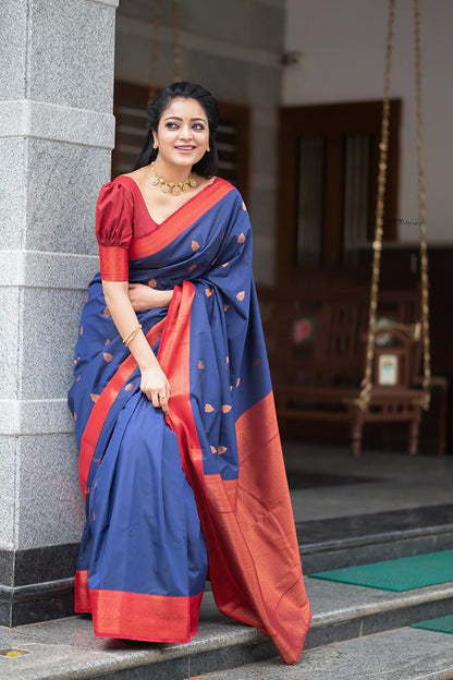 Blue & Red Banarasi Pure Soft Semi Silk Saree With Unstiched Attractive Blouse Piece