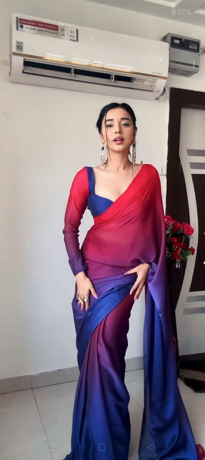 Blue Red Ready to Wear Georgette Saree With Unstitched Blouse Piece