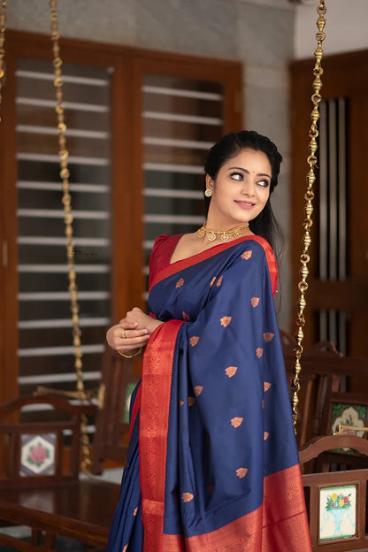 Blue & Red Banarasi Pure Soft Semi Silk Saree With Unstiched Attractive Blouse Piece