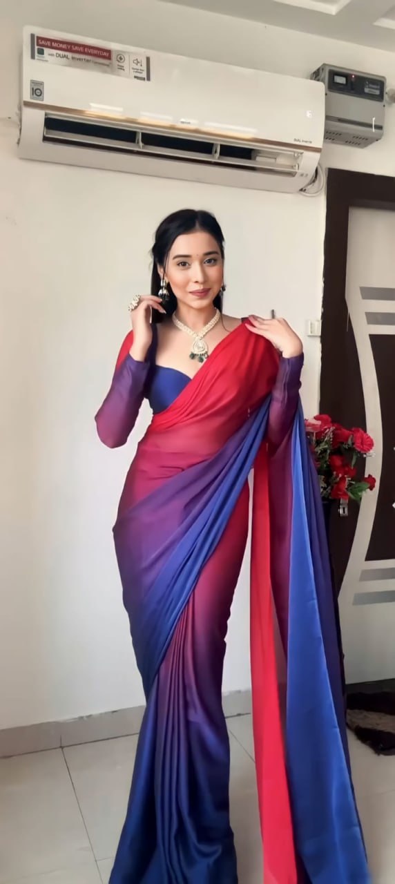 Blue Red Ready to Wear Georgette Saree With Unstitched Blouse Piece