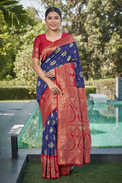 Blue Red Pure Soft Silk Saree With Engrossing Blouse Piece