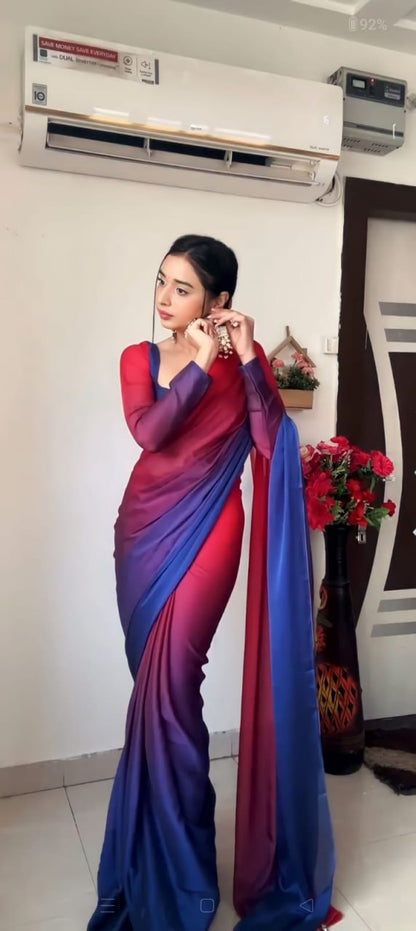 Blue Red Ready to Wear Georgette Saree With Unstitched Blouse Piece