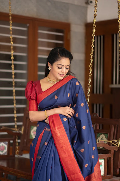 Blue & Red Banarasi Pure Soft Semi Silk Saree With Unstiched Attractive Blouse Piece