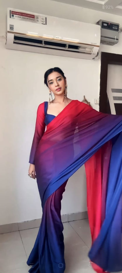 Blue Red Ready to Wear Georgette Saree With Unstitched Blouse Piece