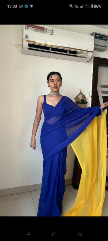 Blue Yellow Ready to Wear Satin Saree With Unstitched Blouse Piece