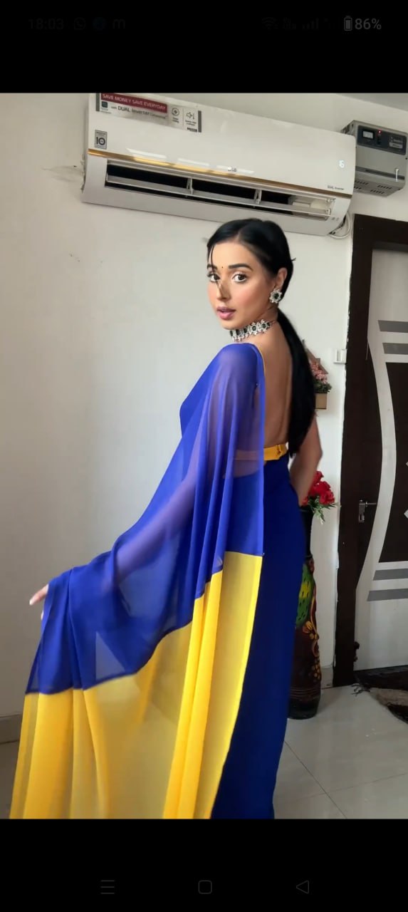 Blue Yellow Ready to Wear Satin Saree With Unstitched Blouse Piece