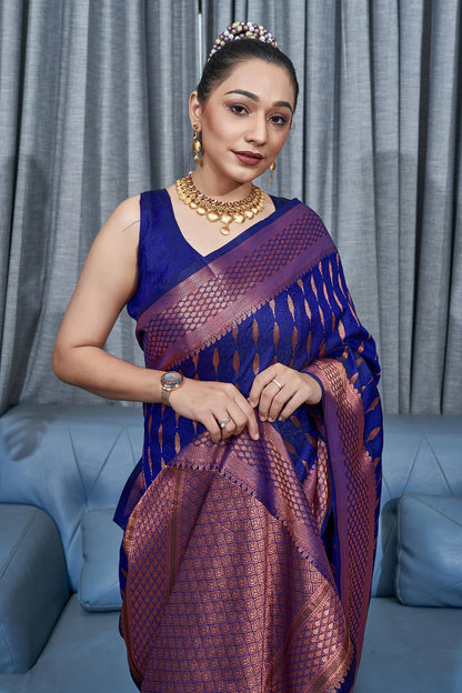 Blue Kanjivaram Pure Soft Semi Silk Saree With Unstiched Attractive Blouse Piece