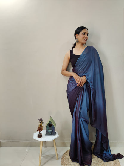 Blue Ready to Wear Chiffon Saree With Unstitched Blouse Piece