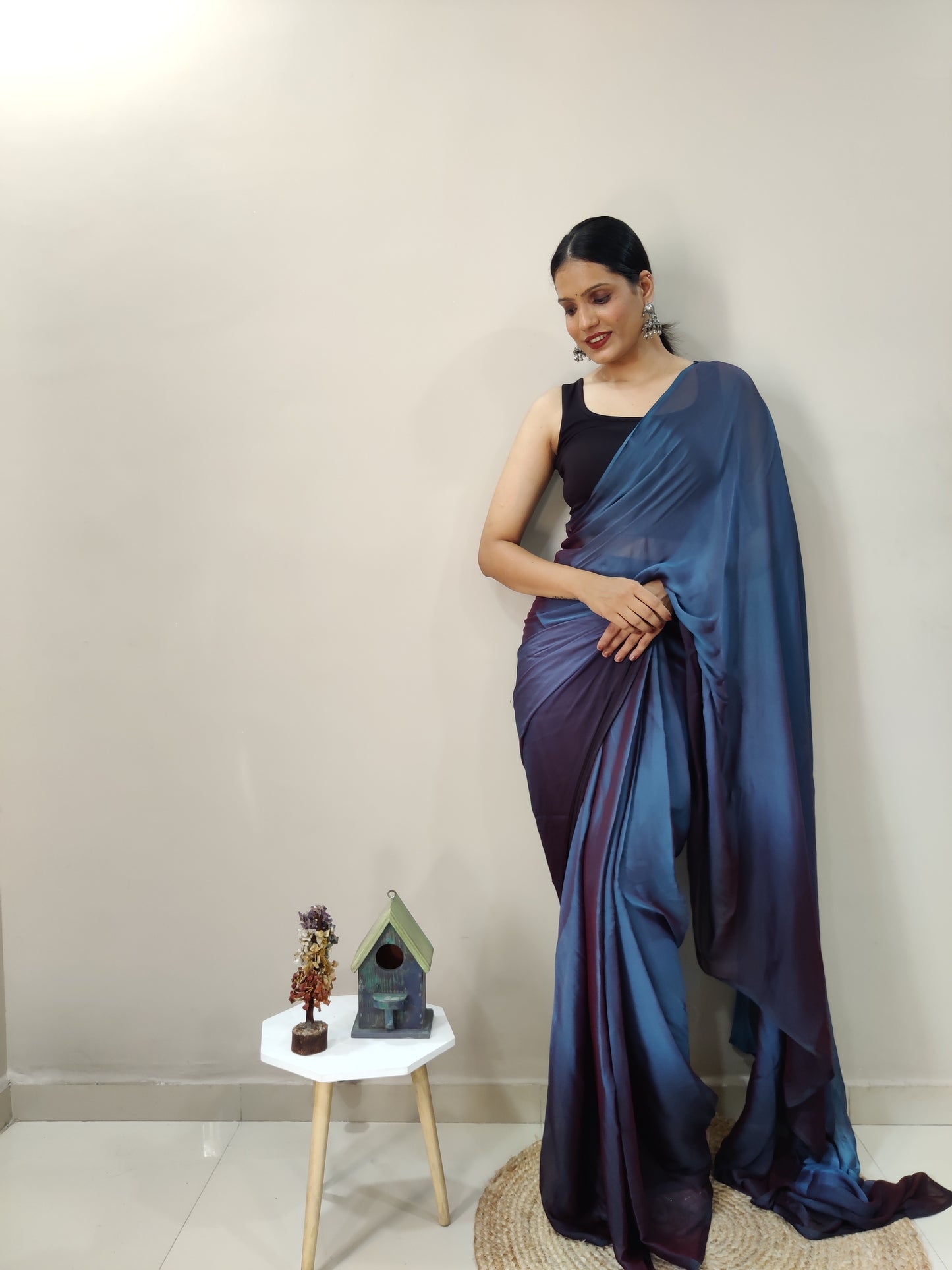 Blue Ready to Wear Chiffon Saree With Unstitched Blouse Piece