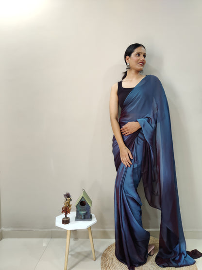 Blue Ready to Wear Chiffon Saree With Unstitched Blouse Piece