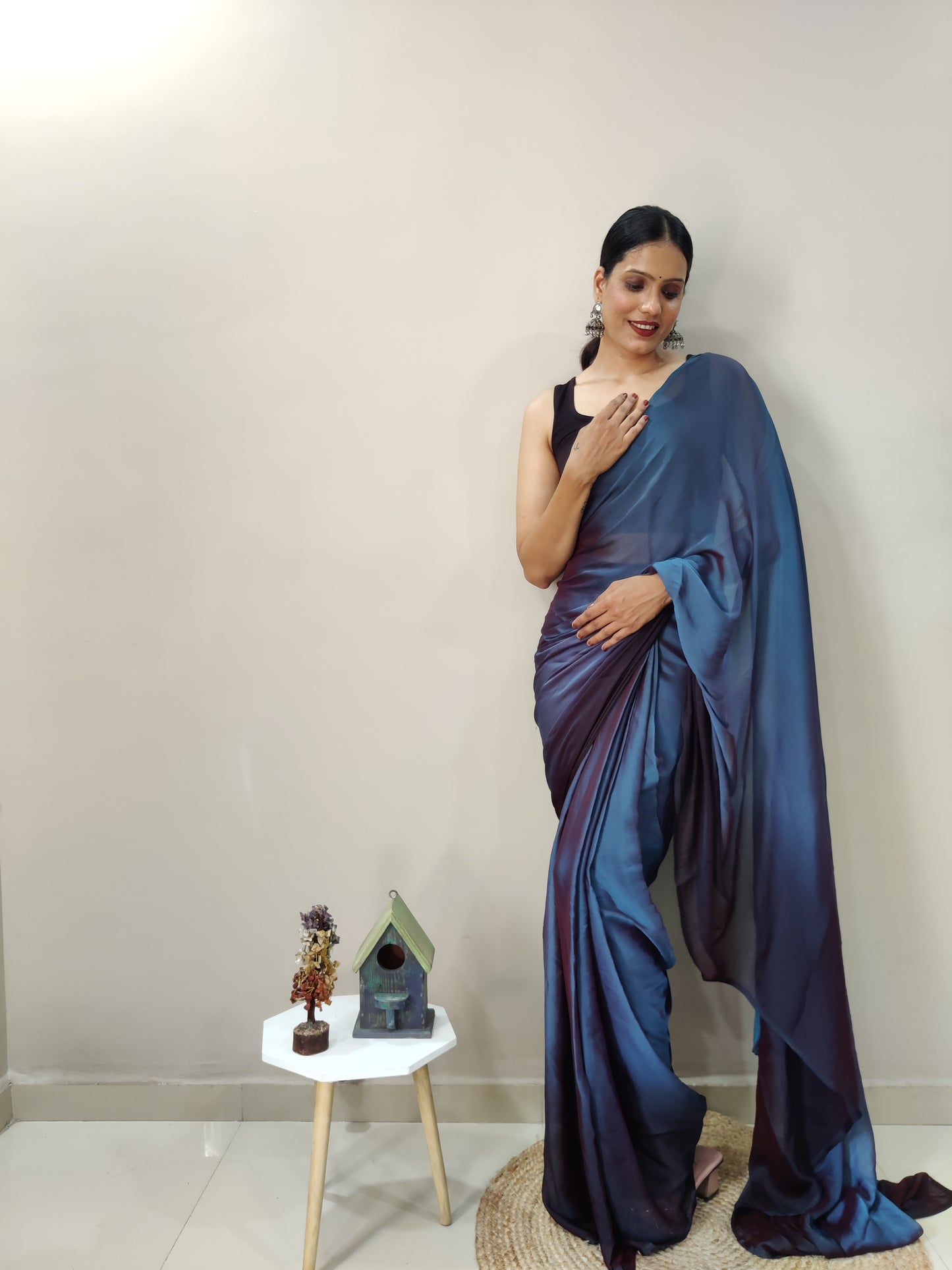 Blue Ready to Wear Chiffon Saree With Unstitched Blouse Piece