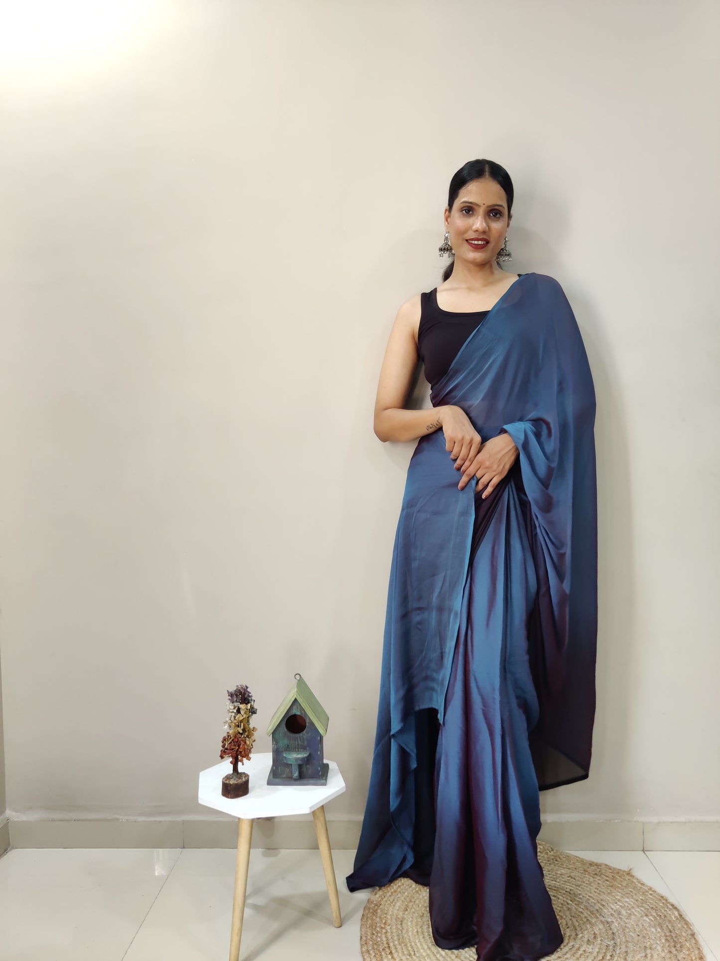 Blue Ready to Wear Chiffon Saree With Unstitched Blouse Piece