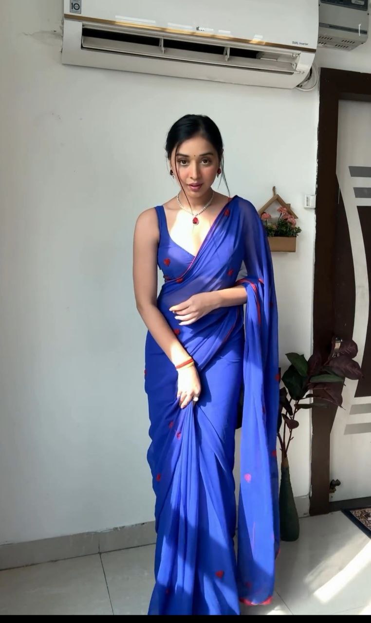 Blue Ready to Wear Georgette Saree With Unstitched Blouse Piece