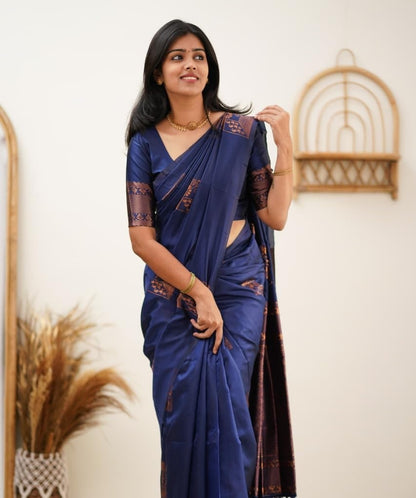 Blue Kanjivaram Pure Soft Semi Silk Saree With Unstiched Attractive Blouse Piece