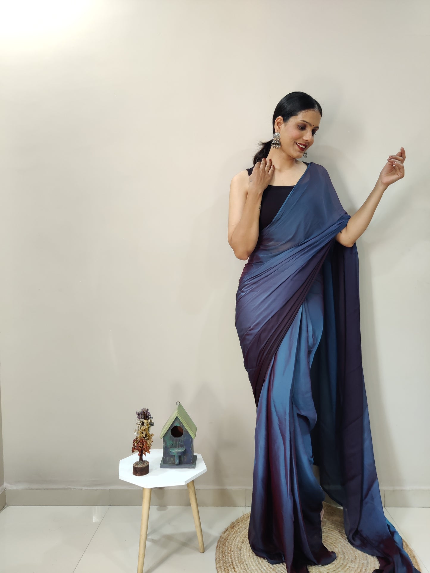 Blue Ready to Wear Chiffon Saree With Unstitched Blouse Piece