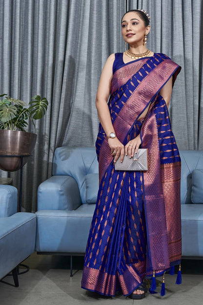 Blue Kanjivaram Pure Soft Semi Silk Saree With Unstiched Attractive Blouse Piece