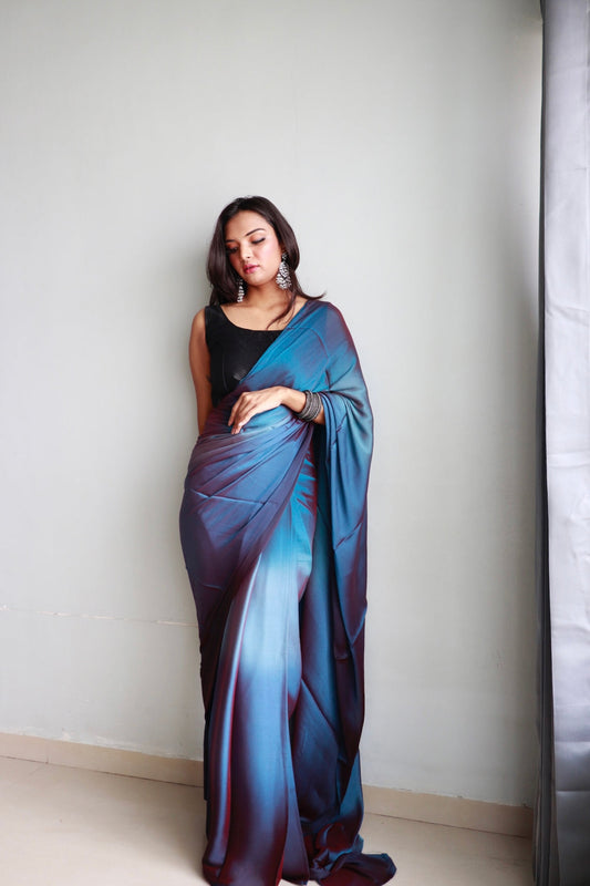 Blue Ready to Wear Chiffon Saree With Unstitched Blouse Piece