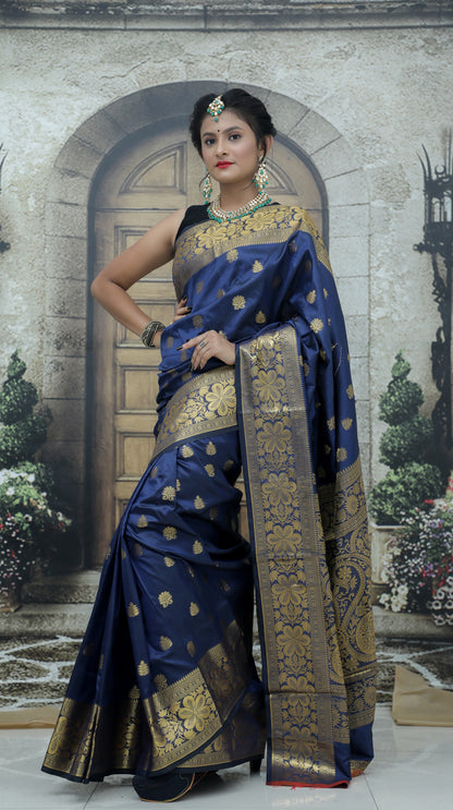 Blue  Kanjivaram Pure Soft Semi Silk Saree With Unstiched Attractive Blouse Piece