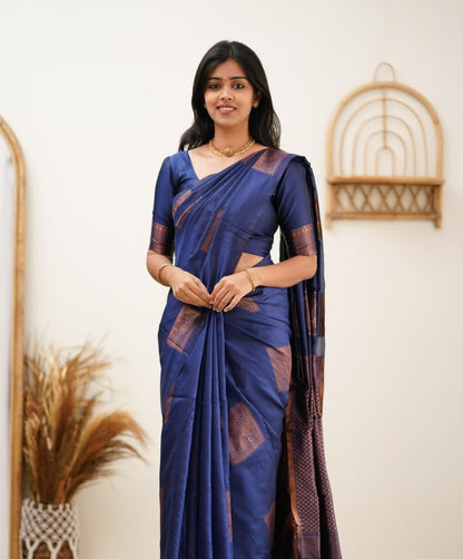 Blue Banarasi Pure Soft Semi Silk Saree With Unstiched Attractive Blouse Piece