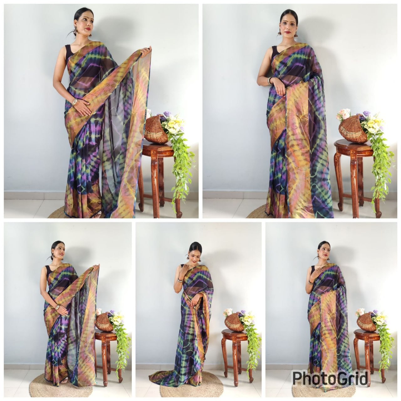 Blue Ready to Wear Chiffon Saree With Unstitched Blouse Piece