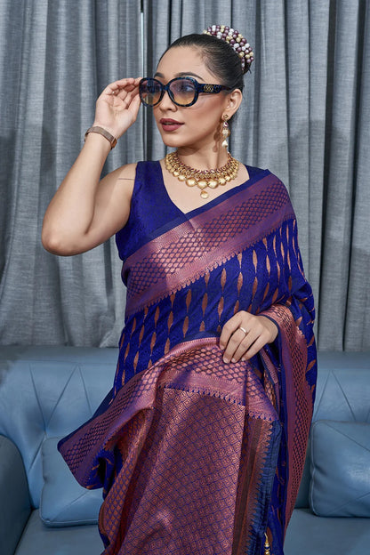 Blue Kanjivaram Pure Soft Semi Silk Saree With Unstiched Attractive Blouse Piece