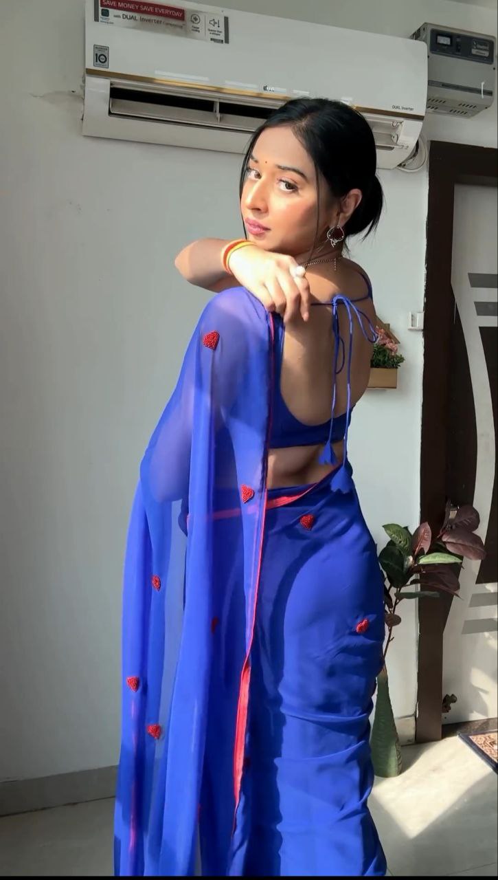 Blue Ready to Wear Georgette Saree With Unstitched Blouse Piece