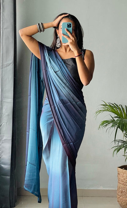 Blue Ready to Wear Chiffon Saree With Unstitched Blouse Piece