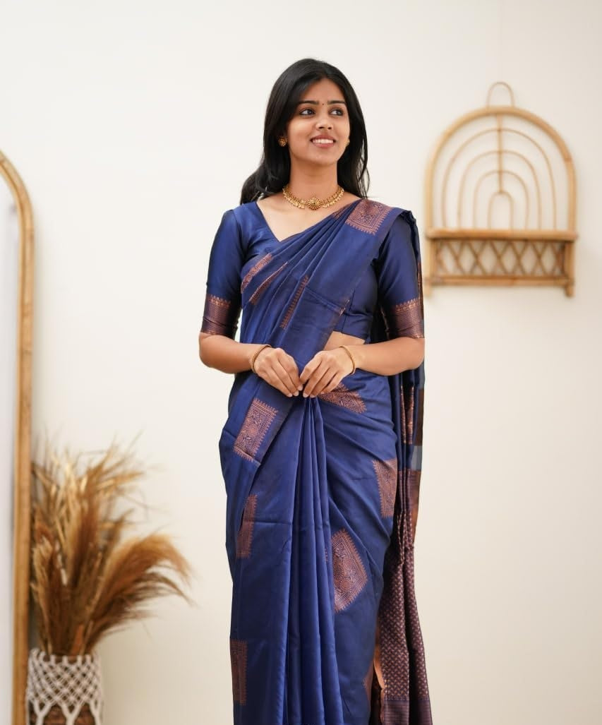 Blue Banarasi Pure Soft Semi Silk Saree With Unstiched Attractive Blouse Piece