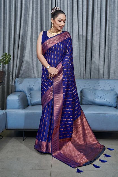 Blue Kanjivaram Pure Soft Semi Silk Saree With Unstiched Attractive Blouse Piece