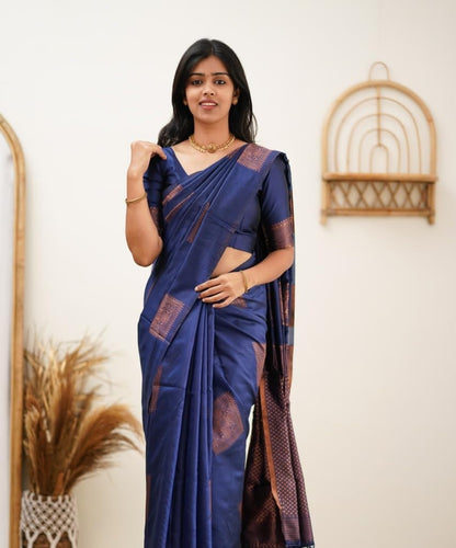 Blue Banarasi Pure Soft Semi Silk Saree With Unstiched Attractive Blouse Piece