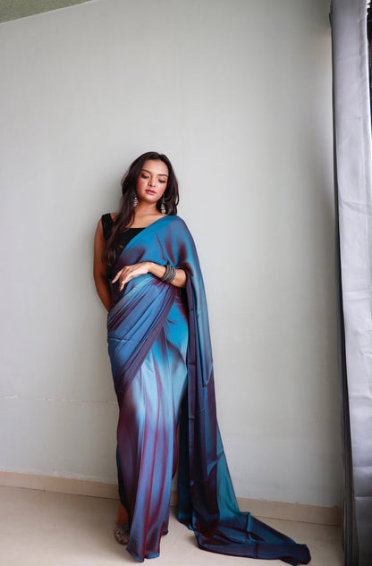 Blue Ready to Wear Chiffon Saree With Unstitched Blouse Piece